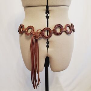 Fossil Women's Belt Large Brown Leather Wrapped Circles Tassel Tie Closure Boho